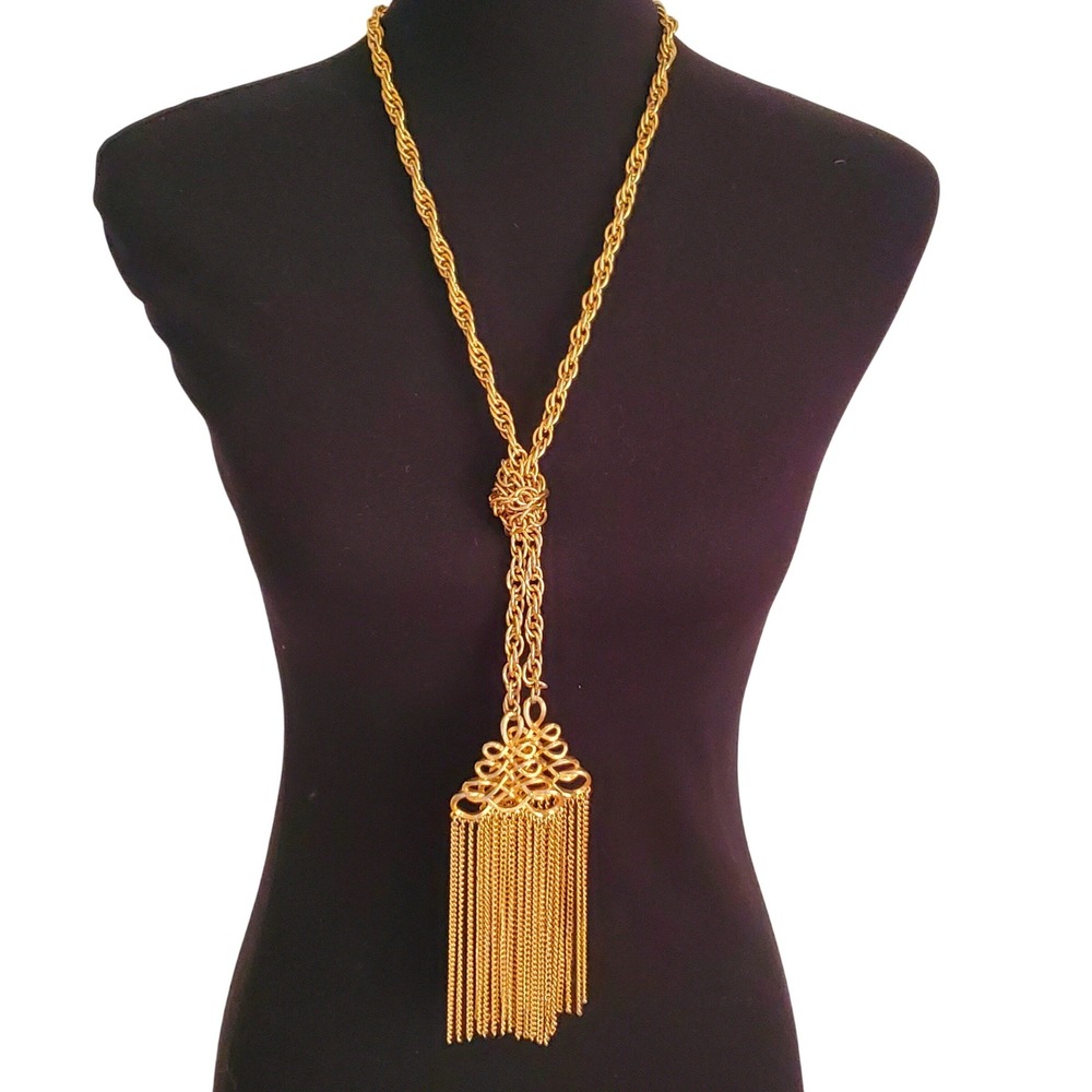 Modernist Gold Tone Lariat Necklace Rope Chain Tassel Celtic Layered 50" Vintage